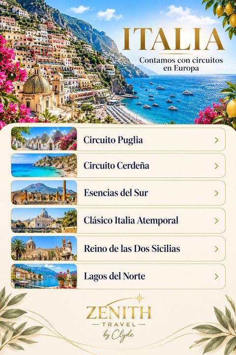 Italia: circuitos Puglia, Cerdeña, Esencias del Sur, Clásico Italia Atemporal, Reino de las Dos Sicilias y Lagos del Norte